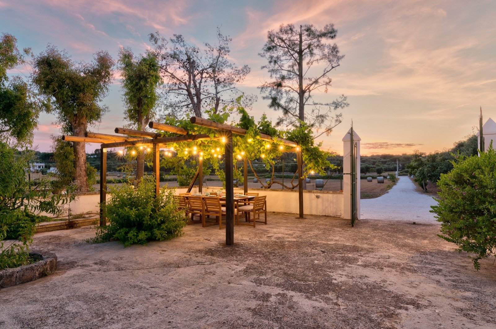 Pergolato illuminato al tramonto tra gli ulivi, Masseria Bel Cortile